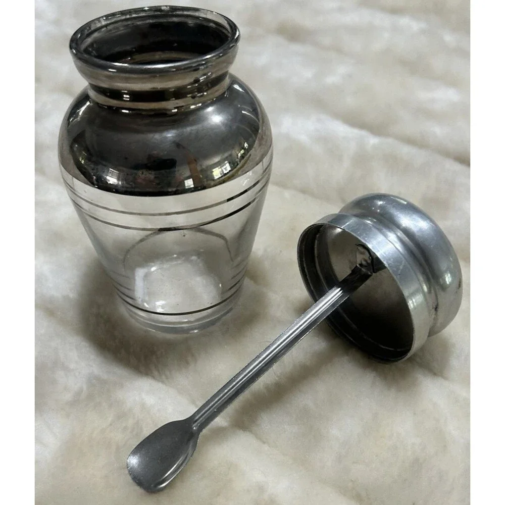 Vintage Glass Condiment Jar With Aluminum Top With Spoon Attached MCM Farmhouse